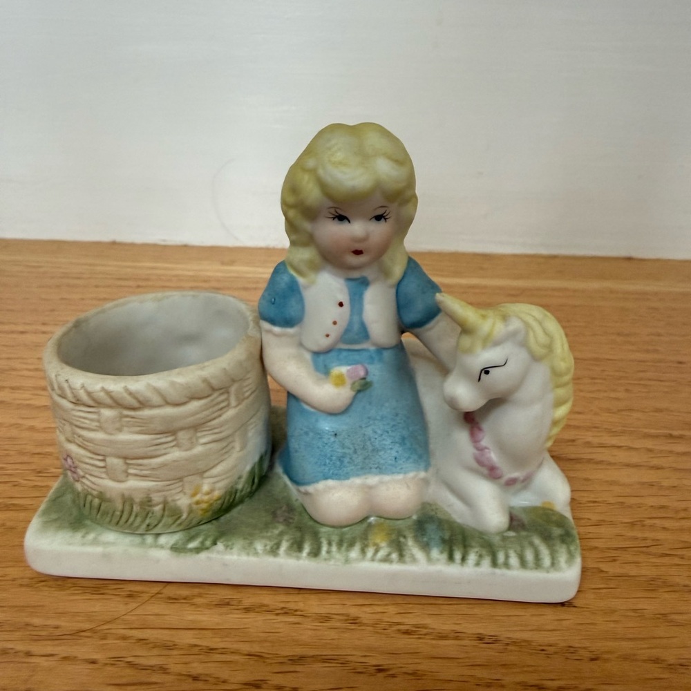 Vintage Bisque Porcelain Girl W/ Unicorn Figurine Tea Candle Holder 1985 WA ROC
